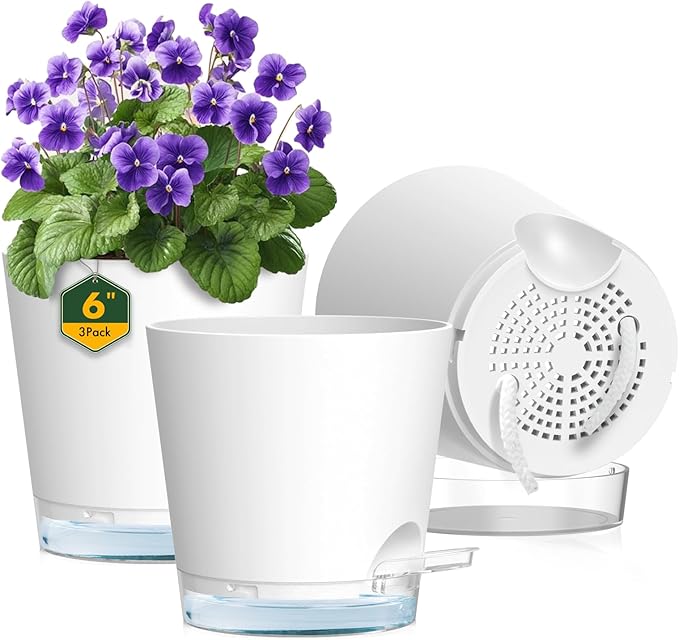 6 inch Self Watering Pots for Indoor Outdoor Plants, 3 Pack Flower Plant Pots with Drainage Holes and Clear Reservoirs, Visible Water Level, Plastic Planters with Wicking Rope, White-CasaMuseHome