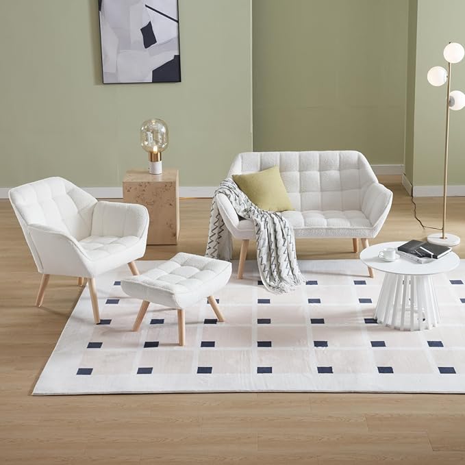 48" Small Loveseat Sofa, Modern Sherpa Mini Sofa Couch 2-Seater Fluffy Love Seat with Quilting Backs and Wood Legs for Living Room, Bedroom and Small Space, White-CasaMuseHome