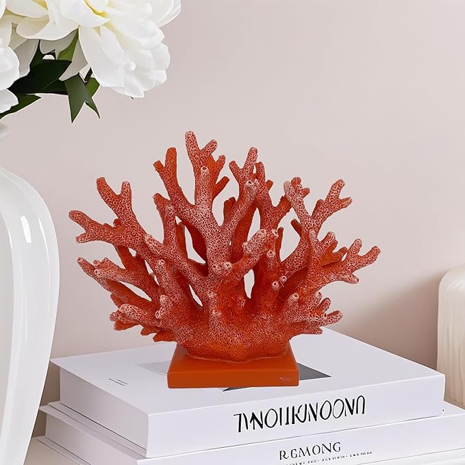5.8" H Red Orange Coral Decor - Resin Coral Statue, Nautical Decor for Home, Bedroom, Bathroom, Living Room, Ocean Themed Cabinet Shelf Tabletop Decoration-CasaMuseHome