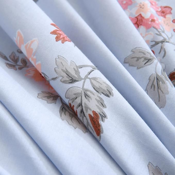 ABREEZE Floral Duvet Cover King Size Set Bird Flowers Bedding Set 100% Brushed Cotton Bedding Collection 1 Duvet Cover with 2 Pillowcases Grey-CasaMuseHome