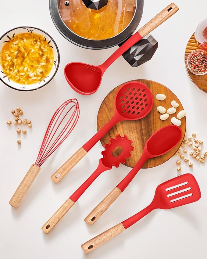 Kitchen Utensils Set, 13PCS Silicone Cooking Utensils, Heat Resistant Kitchen Utensil Spatula Set for Nonstick Cookware, Wooden Handles Kitchen Gadgets Tools Set (RED)-CasaMuseHome