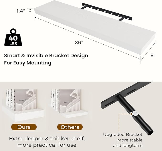 36 inch Floating Shelves Wall Shelves for Office with Invisible Brackets, 8 inch Deep Shelves for Bathroom, Living Room, Kitchen, Office, 36x7.9 inch deep Set of 2, White-CasaMuseHome