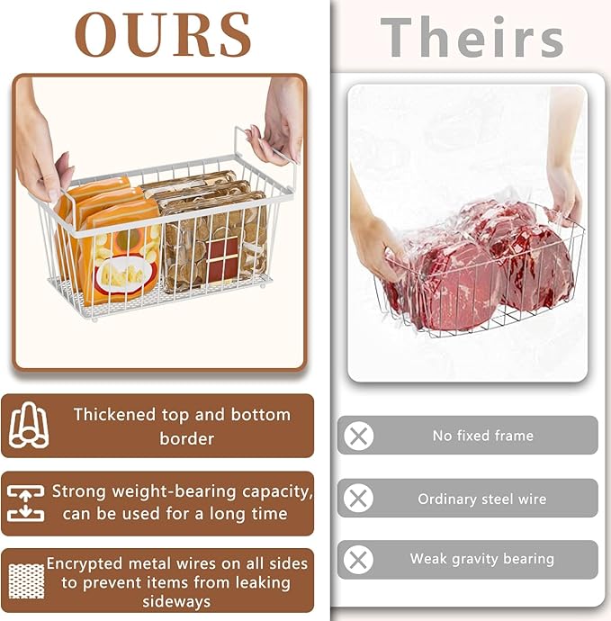 3 Pack Stackable Deep Freezer Organizer Bins ，Upgraded Bottom Leak-Proof net，Encryption and Hardening ， Freezer Organizer Bins for 5 to 9 Cu.FT Small Chest Freezer， Easy Get Bottom Foods-CasaMuseHome