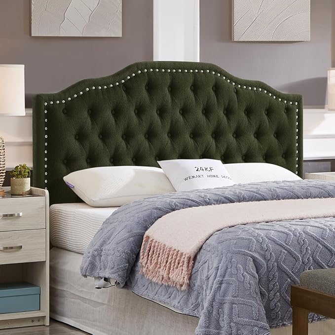 24KF Upholstered Button Tufted Queen Headboard with Nailhead Trim, Elegant Boucle Fabric Full headboard, 6031-Q-Boucle-Dark Green-CasaMuseHome