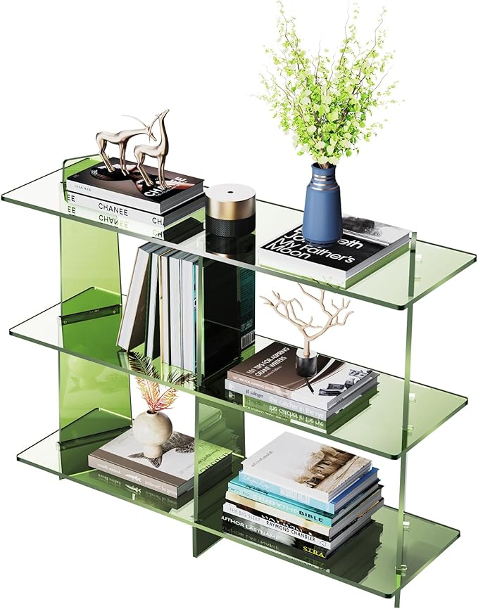 Acrylic Bookshelf, Small 3 Tier Open Bookcase for Small Spaces,Sofa Table, Hallway Entry Table for Home Living Room (Green, 39.4'' x 11.8'' x 31.5'')-CasaMuseHome
