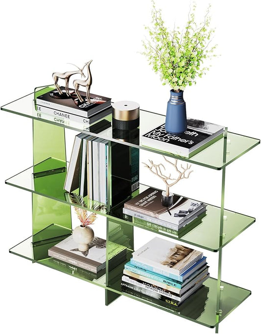 Acrylic Bookshelf, Small 3 Tier Open Bookcase for Small Spaces,Sofa Table, Hallway Entry Table for Home Living Room (Green, 39.4'' x 11.8'' x 31.5'')-CasaMuseHome