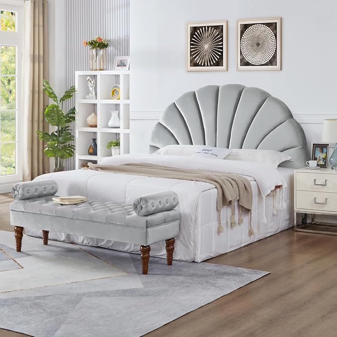 24KF Stunning Crown Design King Headboard, Upholstered Soft Velvet Petal Pattern Headboard King/CA King-Gray-CasaMuseHome