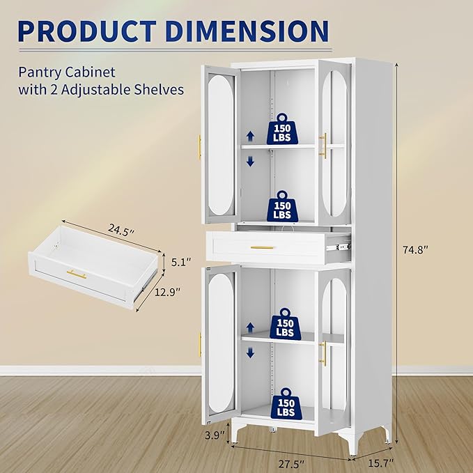 75” Tall Kitchen Pantry Storage Cabinet, Metal Storage Cabinet with 1 Drawer and Adjustable Shelves, Kitchen Pantry Cupboard, Freestanding Cupboard for Bathroom (White-4 Doors and 1 Drawer)-CasaMuseHome