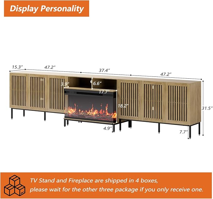 3-Sided Glass Farmhouse Fireplace TV Stand for TVs Up to 110 Inch, Oak Entertainment Center with 36" Electric Fireplace, TV Console with Storage Cabinets for Living Room-CasaMuseHome