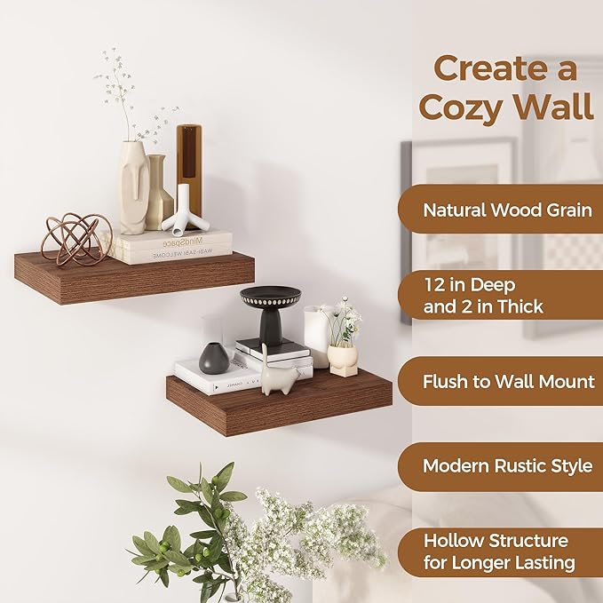 12 Inch Deep Floating Shelves, 16 x 12 Floating Shelf for Books, Rustic Wood Deep Wall Shelves for Home Storage & Display, 2" Thicked Shelves for Kitchen, Living Room, Bedroom, Walnut Color, 2 Pack-CasaMuseHome