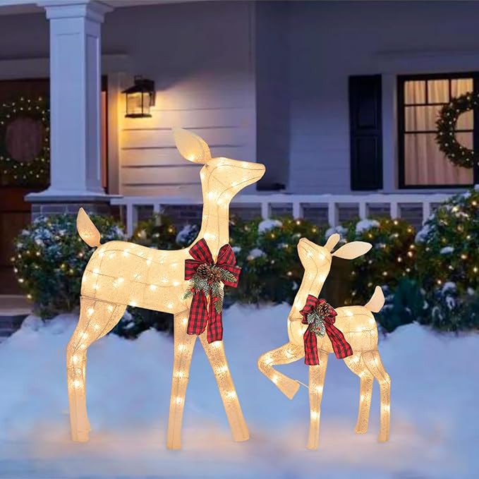2 Pcs Reindeer Christmas Decoration, Xmas Lighted White Shimmering Doe and Fawn Display Set with 105 Warm White Lights for Yard Lawn Indoor Outdoor-CasaMuseHome