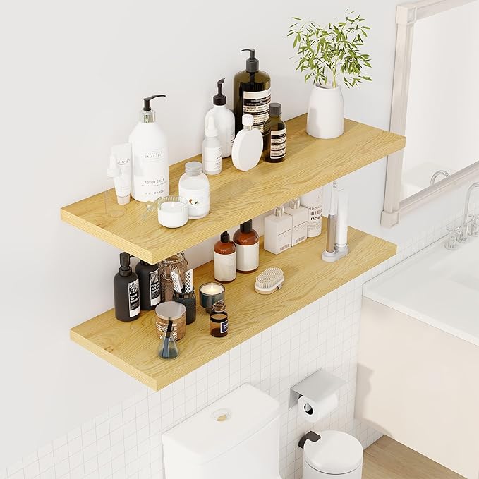 40" Floating Shelves for Wall, 12" Deep Slim Oak Floating Shelves, Wall-Mounted Shelves for Bedroom, Living Room, Kitchen, Bathroom - Set of 2-CasaMuseHome