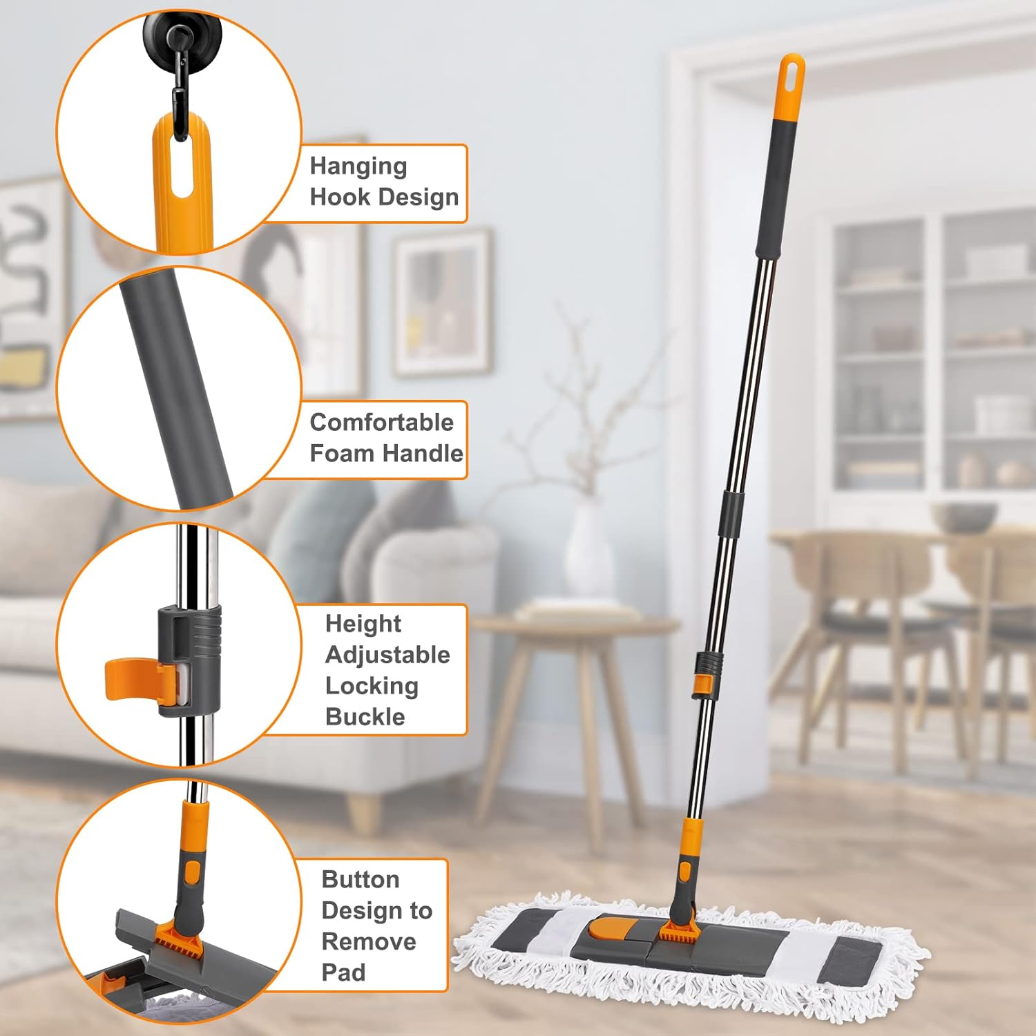 MASTERTOP Dust Mop for Floor Cleaning, Microfiber Floor Mop with 2 Washable Pads, Height Adjustable Long Handle, 24.6'' Dry and Wet Flat Mop for Hardwood, Laminate, Tile, Marble