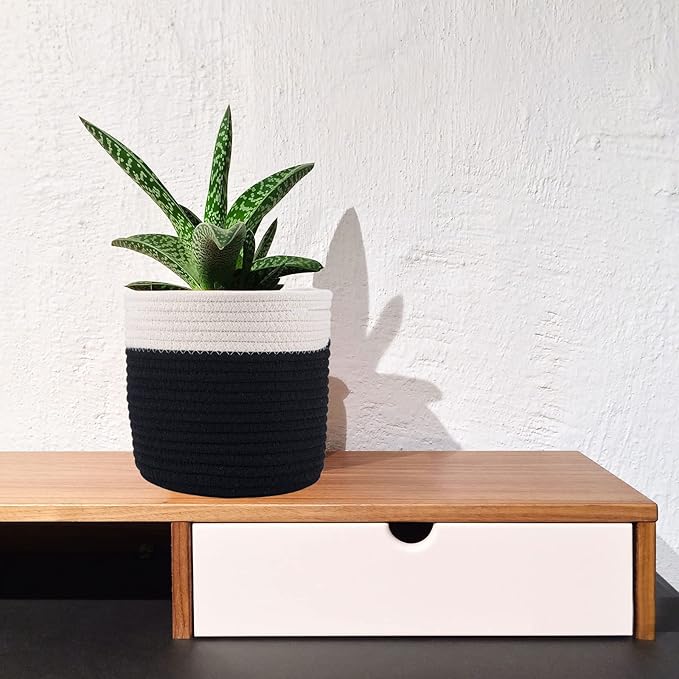 6.5 inch Planter Baskets for Indoor Planters Cotton Rope Flower Plant Pots Cover,Woven Storage Baskets for Crafts,Organization Modern Home Decor H6 3/4" x W6 1/2" Black&White-CasaMuseHome