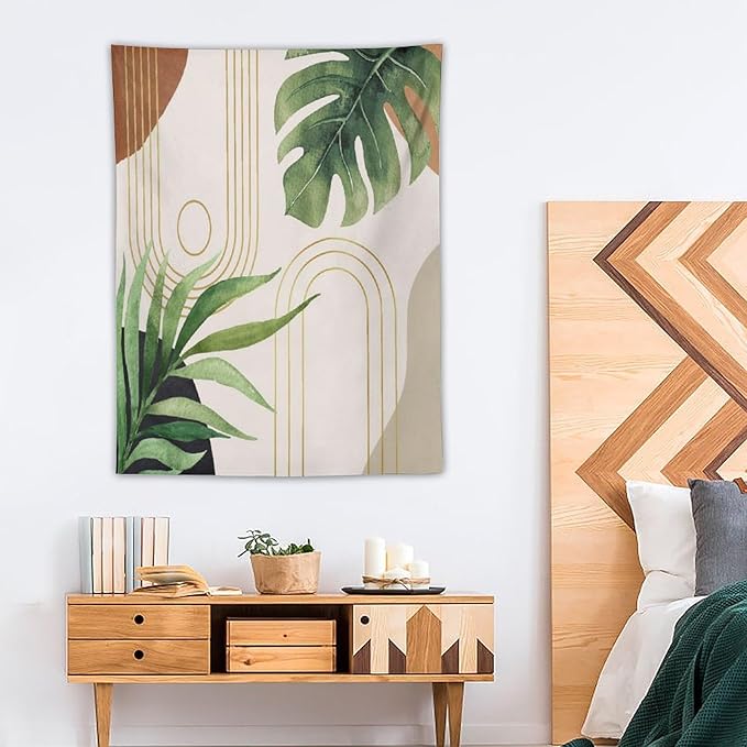 Abstract Boho Tapestry, Mid Century Tropical Tree Leaves Modern Geometric Arch Bohemian Botanical Tapestry, Home Aesthetic Wall Hanging Art Decor for Living Room Bedroom Dormitory 60x60 Inch-CasaMuseHome