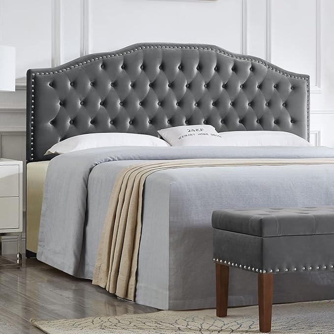 24KF Upholstered Button Tufted King Size Headboard with Nailhead Trim, Soft Velvet Fabric Headboard King/Cal King Size -Dark Gray-CasaMuseHome