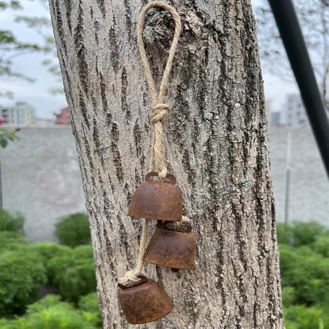 2pc Rustic Charm Bell - Handmade Hemp Rope Wind Chimes Hanging Decoration, Distressed Finish Cow Bell with Jute Hanging Rope, Perfect for Front Door, Outdoor, Window, and Home Decor,-CasaMuseHome