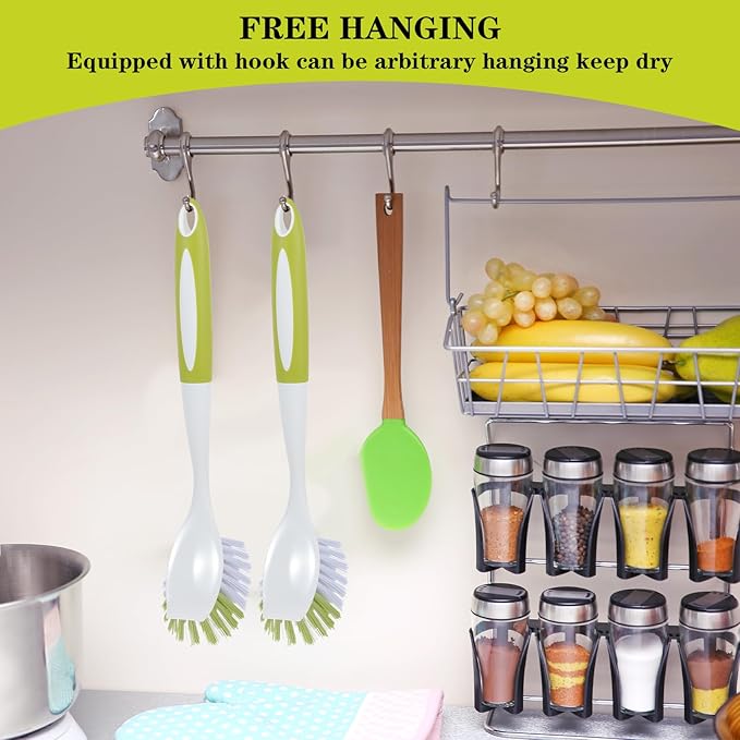 8 Pcs Dish Brush with Handle Kitchen Scrub Brush Pot and Pan Cleaning Brush Dish Scrubber with Stiff PET Bristles for Cookware Sink Washing Household, Green, 11 x 3.1 x 0.98 Inch-CasaMuseHome