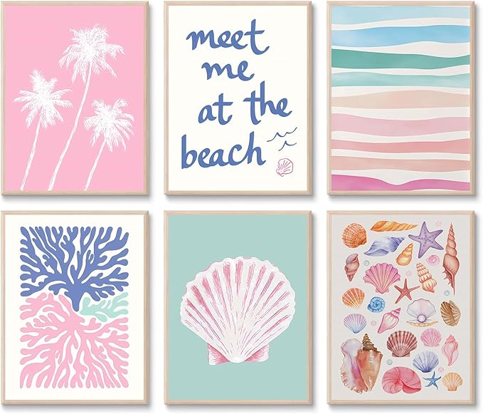 6 Pcs Coastal Beachy Wall Art Tropical Summer Shell Ocean Paintings Prints Posters Trendy Pink Preppy Palm Tree Canvas Wall Decor Aesthetic for Bedroom Living Room Dorm Apartment 8x10inch Unframed-CasaMuseHome