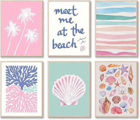6 Pcs Coastal Beachy Wall Art Tropical Summer Shell Ocean Paintings Prints Posters Trendy Pink Preppy Palm Tree Canvas Wall Decor Aesthetic for Bedroom Living Room Dorm Apartment 8x10inch Unframed-CasaMuseHome