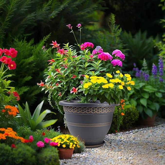 4 Pack 16 Inch Large Plant Pots, Plastic Flower Pot for Indoor & Outdoor with Drainage Holes & Saucer, Plaid Pattern Planters Garden Pots for Herbs Gold-CasaMuseHome