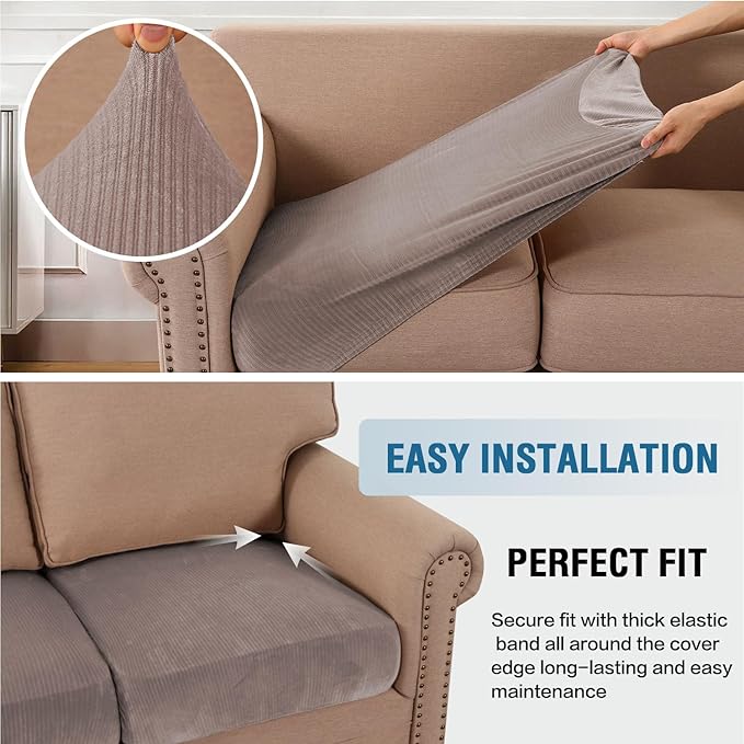 H.VERSAILTEX Velvet Stretch Couch Cushion Cover Plush Cushion Slipcover for Chair Cushion Furniture Protector Seat Cushion Sofa Cover (1 Piece Armchair Cushion Covers, Taupe Striped)-CasaMuseHome