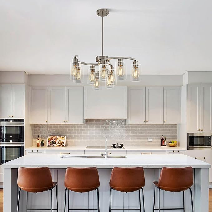 9-Light Brushed Nickel Glass Chandelier, Adjustable Height Hanging Industrial Dining Room Chandelier Over Table, Modern Farmhouse Chandelier for Kitchen Island Living Room Entryway Bedroom-CasaMuseHome
