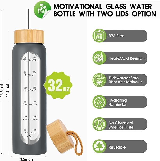 32 oz Glass Water Bottle with Straw - Motivational Time Marker & Silicone Sleeve - Reusable Tumbler Includes 2 Bamboo Lids & Fruit Infuser - 1 Pack-CasaMuseHome