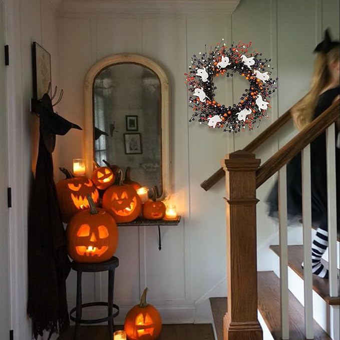 20-Inch Halloween Wreath - Handmade Orange & Black Berry Wreath with Adorable Mini Ghosts, Spooky Front Door Decor for Halloween Party-CasaMuseHome
