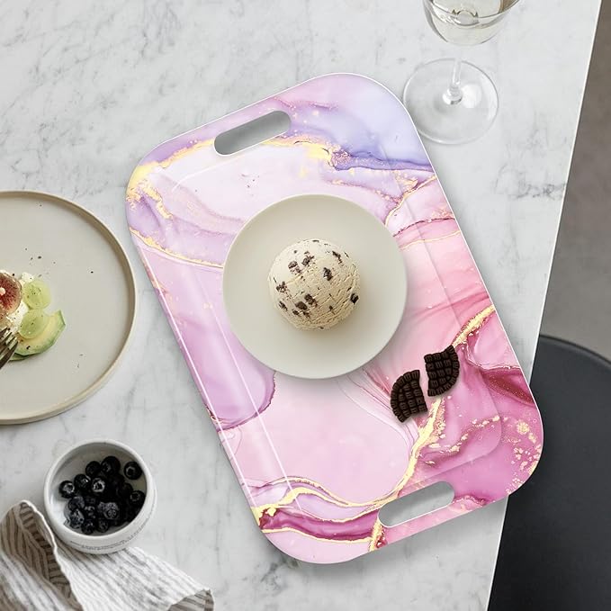 Serving Trays with Handles, 14.5 x 9.8 inch Rectangular Plastic Tray for Restaurant, Kitchen, Painting of Pink and Gold Marble-CasaMuseHome