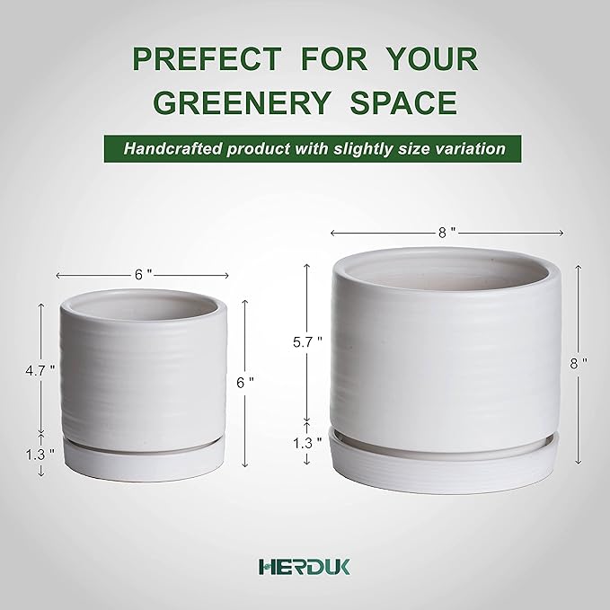 6 + 8 Inch Plant Pots, Ceramic Planter Pot with Drainage Hole & Saucer, Indoor/Outdoor Cylinder Round Planter Pot, Matte White-CasaMuseHome