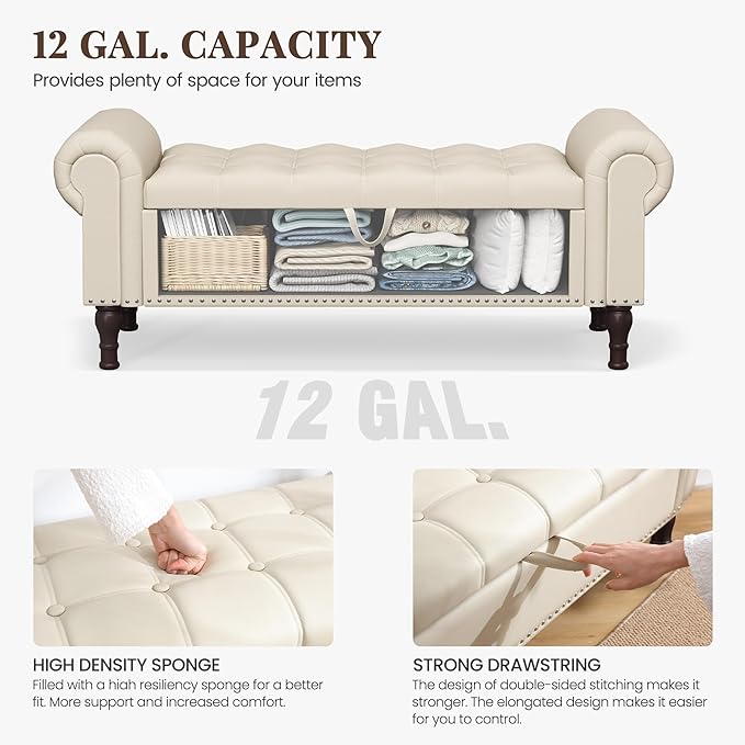 51" Storage Ottoman Bench for Bedroom, Full Queen Storage Bench with Button, Upholstered Bedroom Bench with Rolled Arms for Living Room, Storage Room, Entryway, Beige+Brown Legs-CasaMuseHome