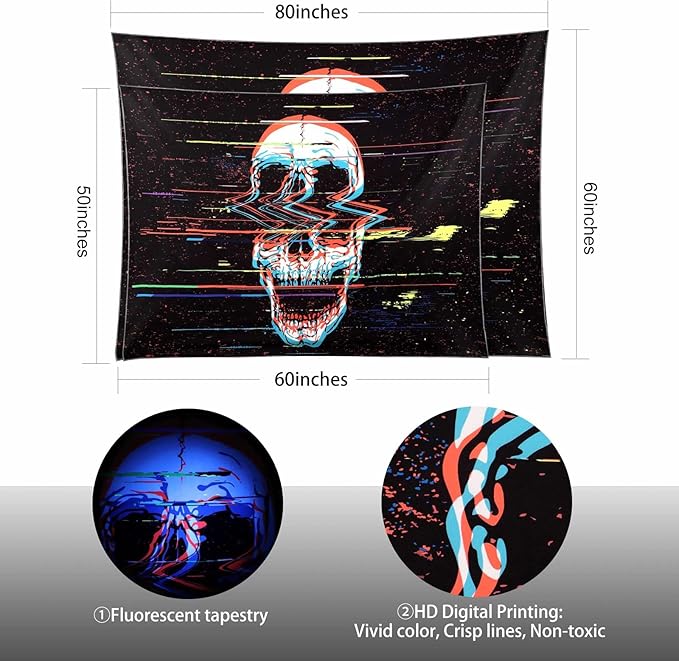 ADDWel Blacklight Skull Tapestry, Black Psychedelic Tapestry Glow In The Dark, UV Reactive Black Light Tapestries Posters Wall Hanging for Room Decor(50 * 60inches)-CasaMuseHome