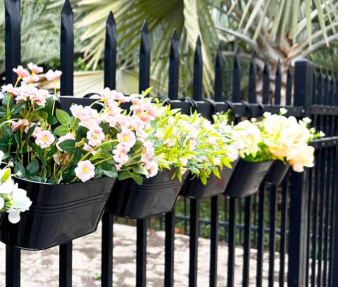 6 Pack Metal Hanging Planter for Outdoor Plants, 10 Inch Black Fence Planters Railing Pots for Garden Patio Balcony Decor, Flower Bucket with Detachable Hooks (Black, 6Pcs)-CasaMuseHome