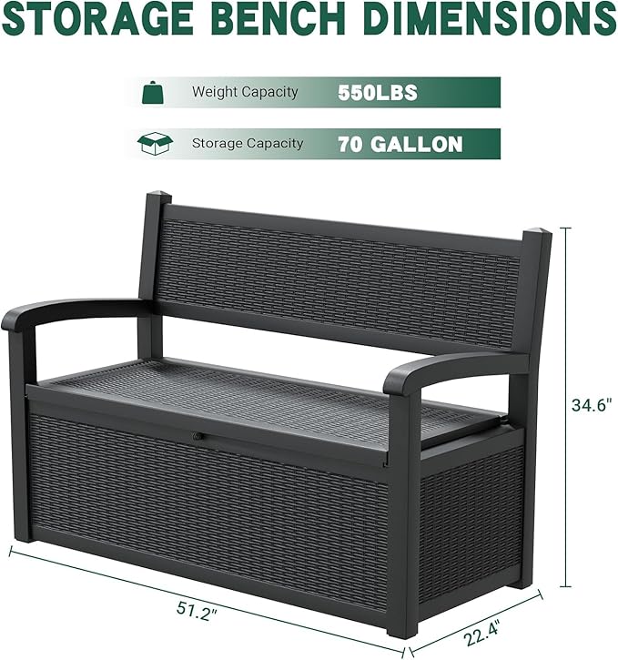 70 Gallon Lockable Outdoor Storage Bench Waterproof, Deck Box Bench for Patio, Porch, Garden, Poolside, Stores Tools & Pool Supplies, Heavy-Duty Outdoor Bench with Storage, Black-CasaMuseHome