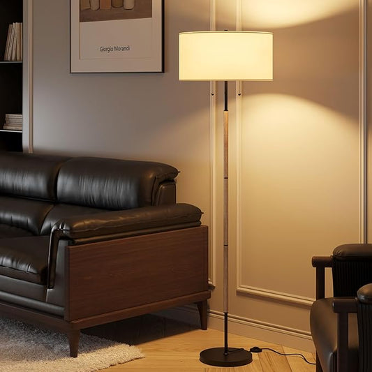 2-Light Floor Lamp, Mid Century Floor Lamp with White Fabric Shade, Standing Lamp Tall Lamp for Living Room Bedroom, 3 Color Temperatures 9W Bulb Include-CasaMuseHome