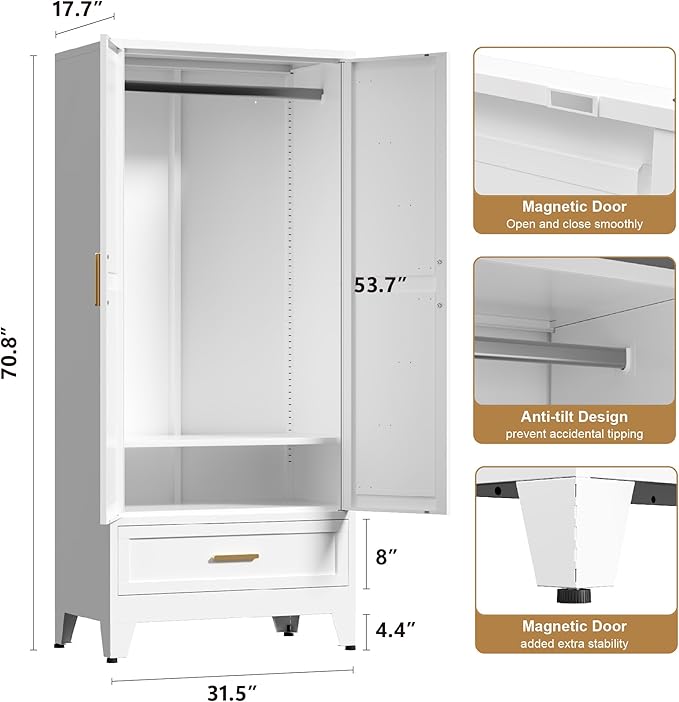 71'' Farmhouse Metal Wardrobe Cabinet with Hanging Rod, 2 Barn Door Wardrobe Closet with Adjustable Shelves,Drawer,for Dining Room,Bedroom,Living Room, Cloak Room,Office (White)-CasaMuseHome