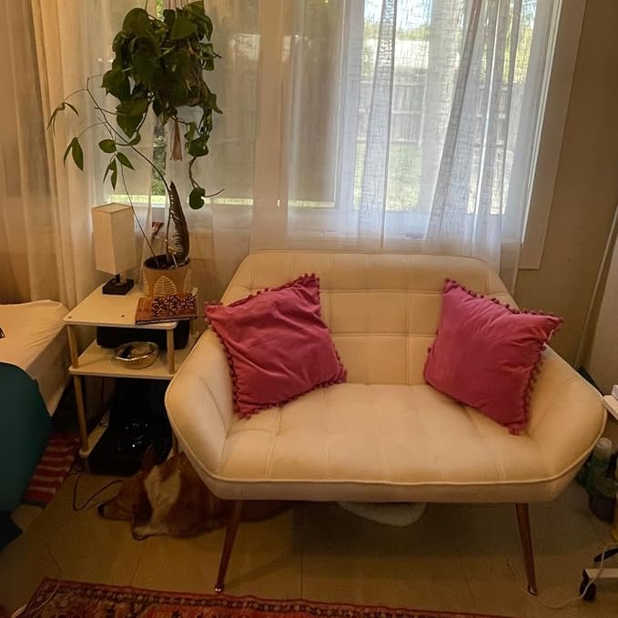 48”Small Loveseat Sofa, Modern Velvet Upholstered Mini Couch 2-Seater Fluffy Love Seat with Quilting Backs and Metal Legs for Small Space Living Room, Bedroom, Beige-CasaMuseHome