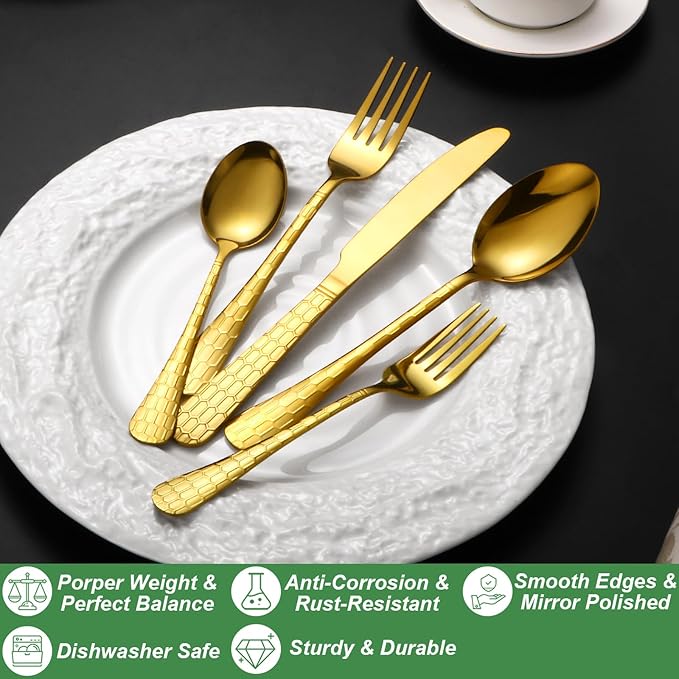 20 Pcs Gold Silverware Set for 4 with Water Cube Handle design, Food Grade Stainless Steel Flatware Set, Eating Utensils Sets Include Fork/Knife/Spoon, Reusable Cutlery Set, Dishwasher Safe-CasaMuseHome