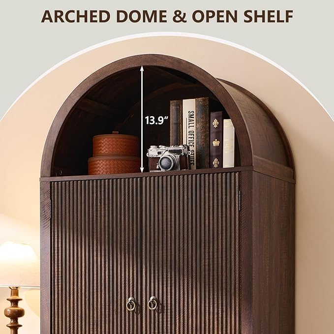 71" Tall Arched Bathroom Storage Cabinet, Modern Fluted Storage Cabinet w/Doors, 3 Adjustable Shelves, 6 Door Shelves, Wood Freestanding Cabinet for Bathroom, Entryway, Hallway, Brown-CasaMuseHome