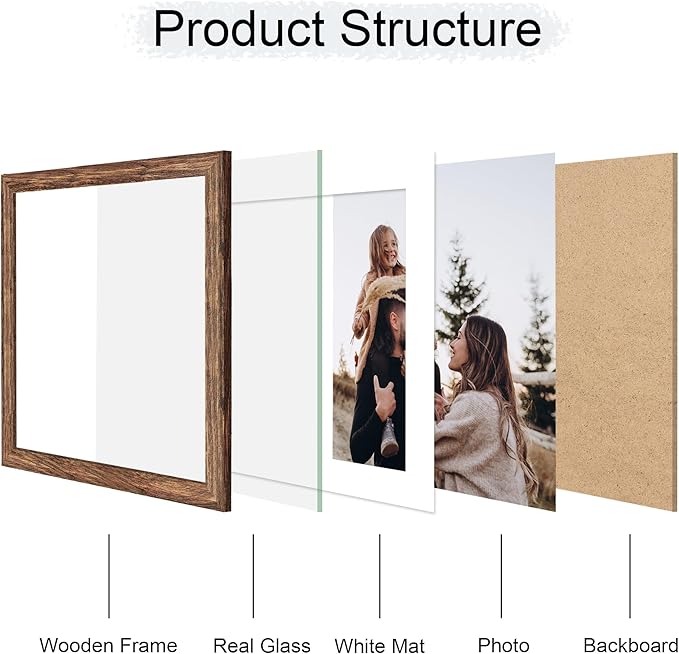 12x12 Picture Frame Set of 4, 12 x 12 Wood Photo Frames with Mat for 10x10 or 30x30cm Diamond Painting Art, Wooden Frame with Real Glass Cover for Wall and Tabletop Display,Rustic Brown-CasaMuseHome
