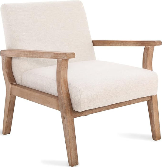 Accent Chair Mid Century Modern Armchair, Linen Upholstered Living Room Accent Armchair with Wood Frame, Farmhouse Chair Indoor Corner Chair for Living Room Bedroom, Ivory-CasaMuseHome