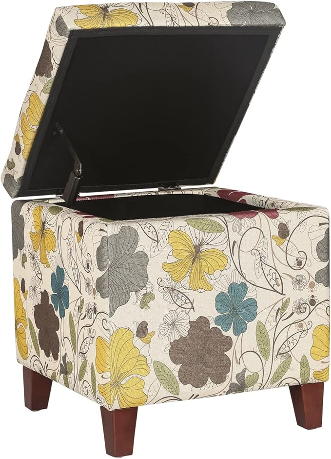 Adeco 18 Inch High Cube Ottoman Storage, Floral Printed Linen Chair Foot Stools, Upholstered Vanity Stool with Hinged Lid, Solid Wood Legs-CasaMuseHome