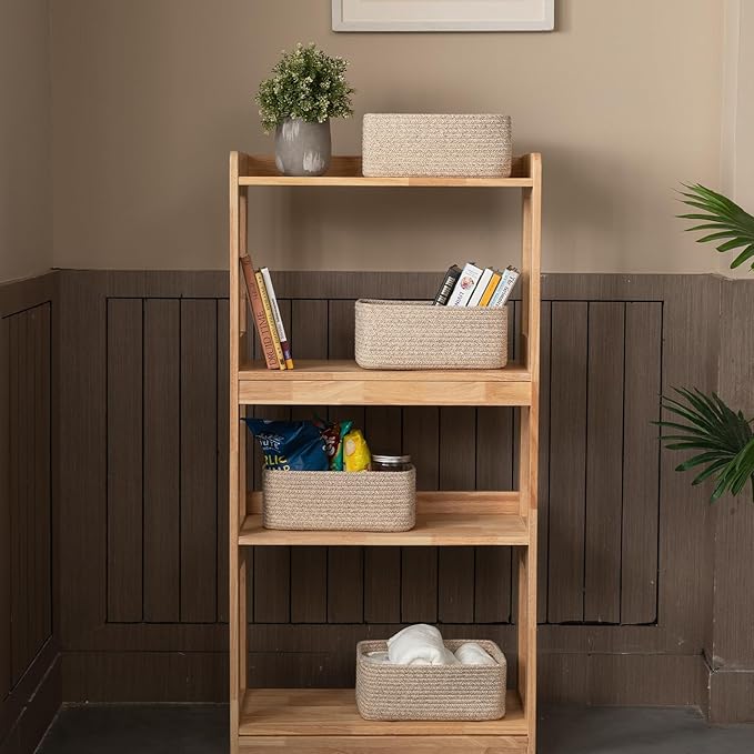 4 Pack Small Storage Shelf Baskets for Organizing, Mini Woven Rope Storage Bins for Towels, Cute Decorative Closet Organizer，Baby Nursery, Gift Empty Baskets -13''Lx8.66''Wx5.11''H-Brown-CasaMuseHome