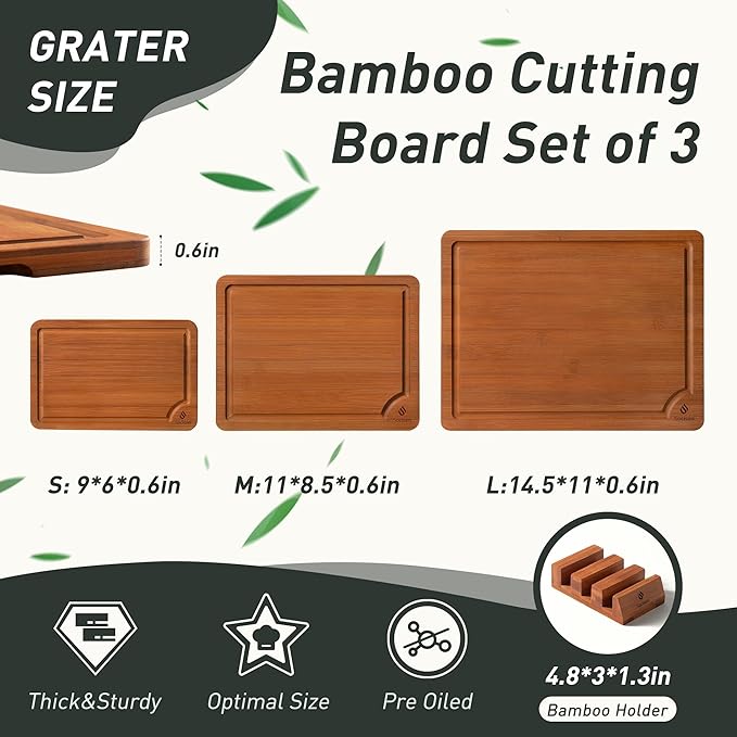 3 Packs Bamboo Cutting Board Set with Non Slip Feet Holder and Over Sink Nice Solid Thick Wood Juice Groove Chopping Board Extra Large Big Small Best Hardwood Kitchen Organic Vegetable Meat BBQ Kit-CasaMuseHome