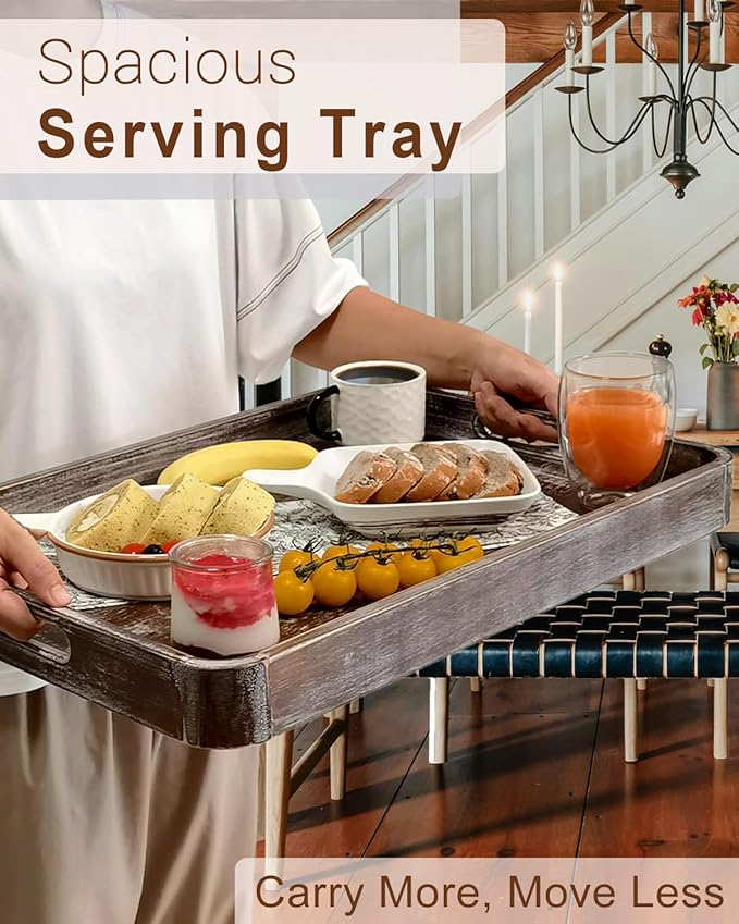 22 Inch Rustic Wood Serving Tray with Handles, Large Rectangular Wooden Ottoman Tray, Beautiful Home Décor for Living Room Coffee Table Couch, Ideal for Serving Food Breakfast BBQ Parties-CasaMuseHome