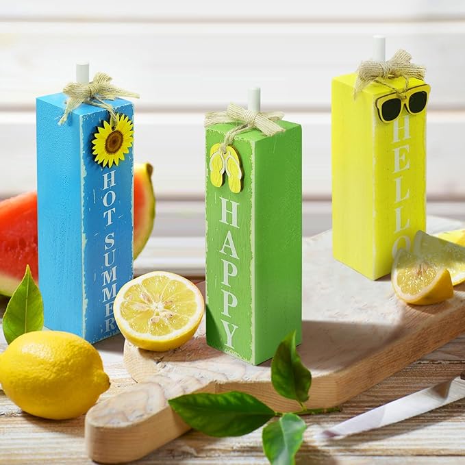 3 PCs Wooden Tiered Tray Decor Hello Happy Hot Summer Rustic Table Decor Block Signs for Beach Island Home Office Decorations (Summer-1)-CasaMuseHome