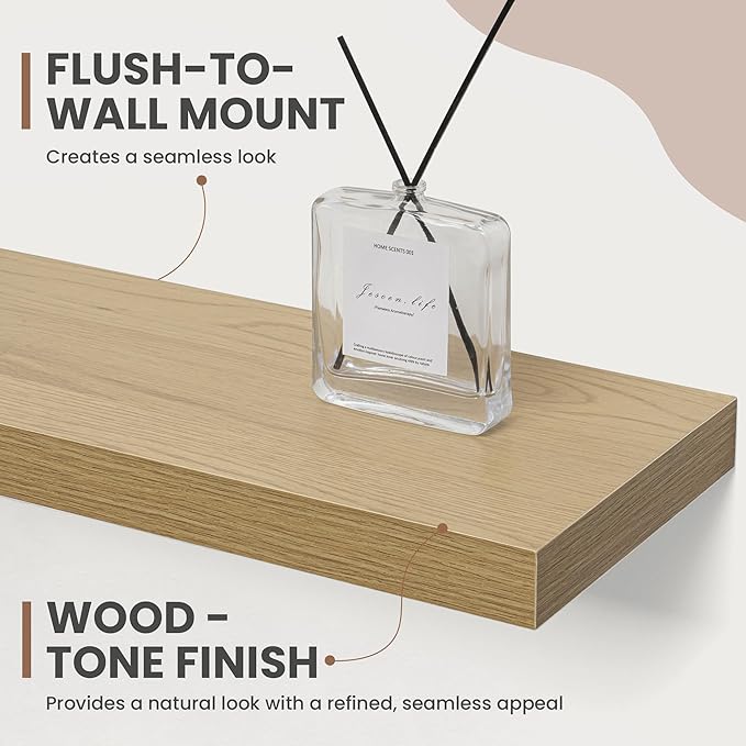 40 Inch Floating Shelves, 8 Inch Deep Floating Shelves for Wall, Hanging Shelf with Invisible Brackets, Deep Shelves for Bathroom, Bedroom, Living Room, Oak, Set of 2-CasaMuseHome