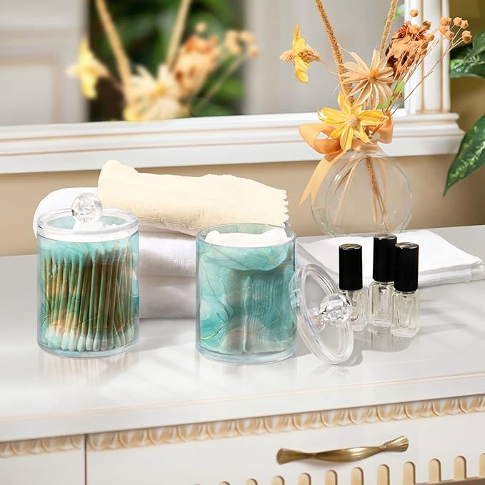 2 Pack Qtip Holder Dispenser Turquoise Marble Bathroom Storage Canister Lid Acrylic Plastic Apothecary Jar Set Vanity Makeup Organizer for Cotton Swabs/Pads/Floss-CasaMuseHome