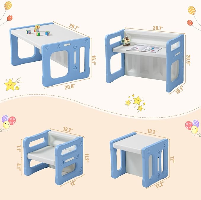 3 in 1 Montessori Weaning Table and 2 Chairs Set, Kids Activity Table Set, 2 Height Levels, Toddlers Activity Table for Drawing, Dining, Reading and Playing, Blue-CasaMuseHome